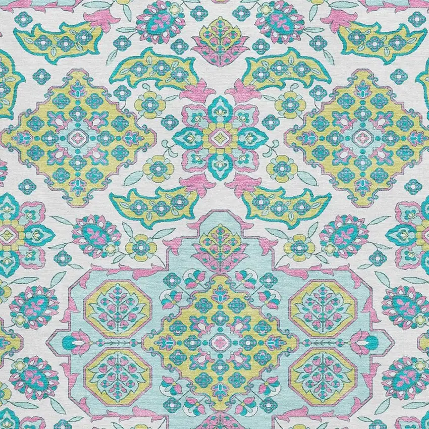 White Green And Pink Floral Medallion Washable Area Rug With UV Protection Photo 2