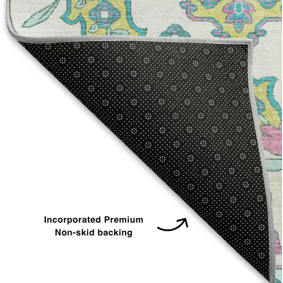 White Green And Pink Floral Medallion Washable Area Rug With UV Protection Photo 7