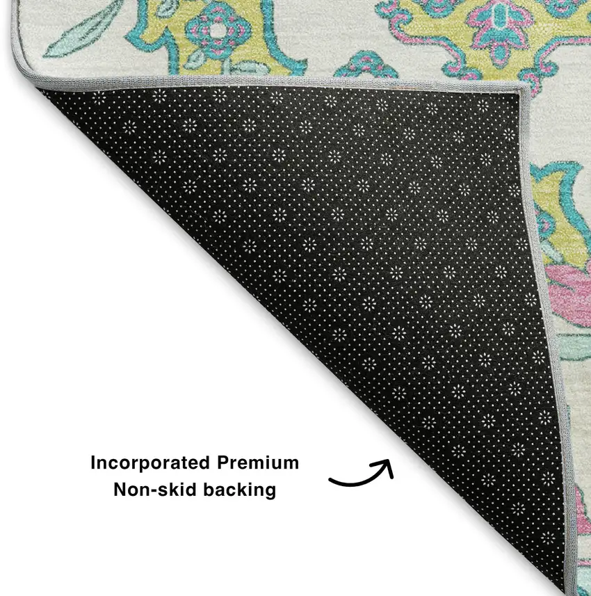 White Green And Pink Floral Medallion Washable Area Rug With UV Protection Photo 7