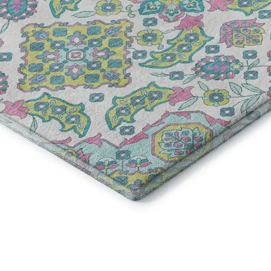 White Green And Pink Floral Medallion Washable Area Rug With UV Protection Photo 8