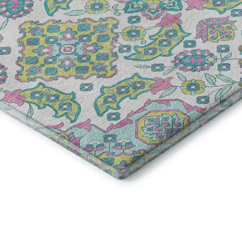 White Green And Pink Floral Medallion Washable Area Rug With UV Protection Photo 8