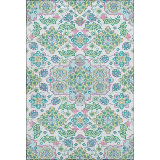 White Green And Pink Floral Medallion Washable Area Rug With UV Protection Photo 1