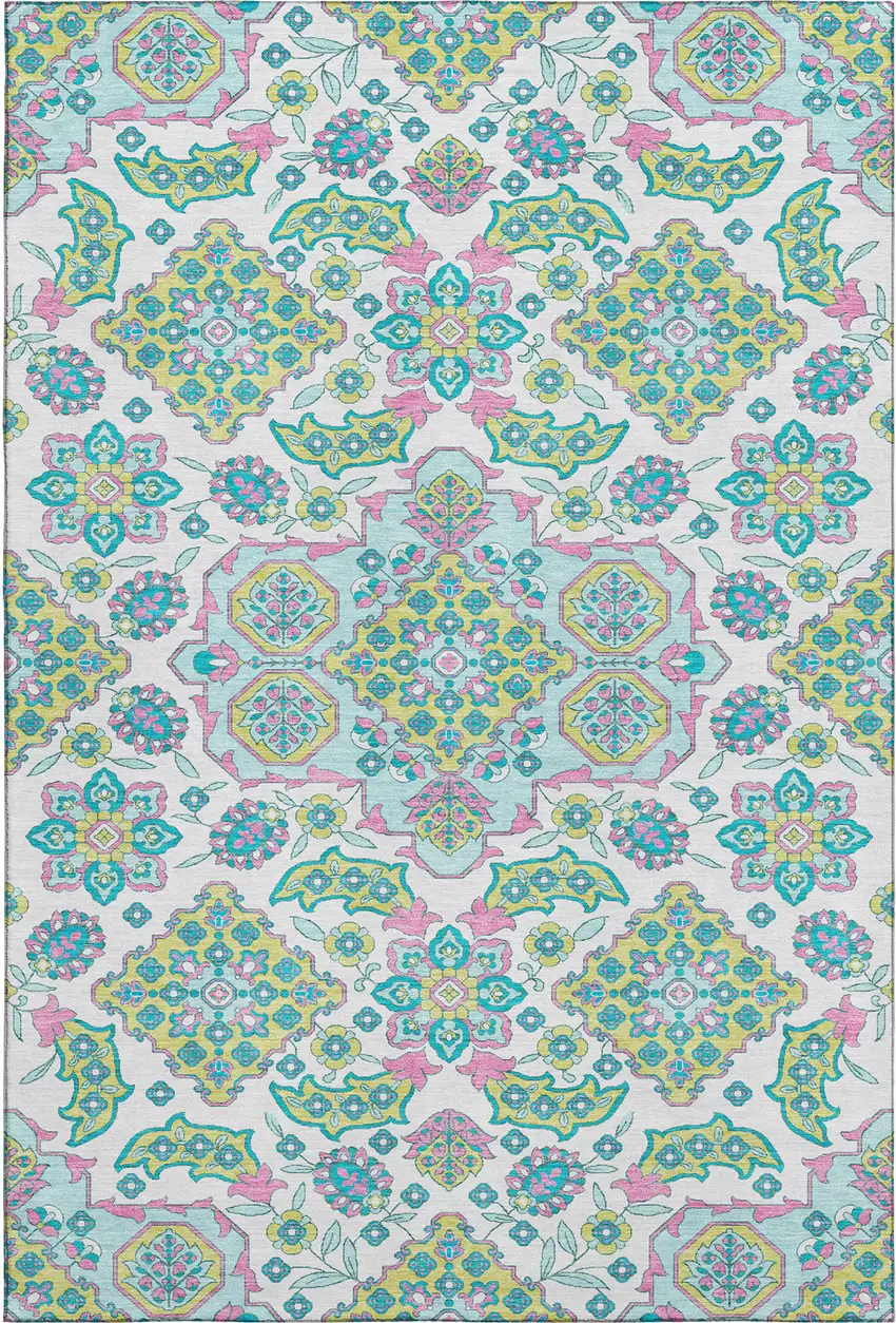 White Green And Pink Floral Medallion Washable Area Rug With UV Protection Photo 1