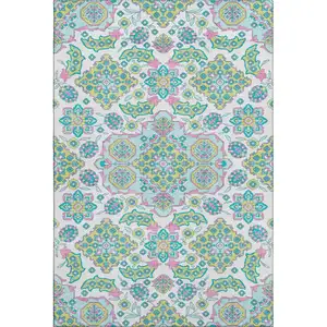 Photo of White Green And Pink Floral Medallion Washable Area Rug With UV Protection