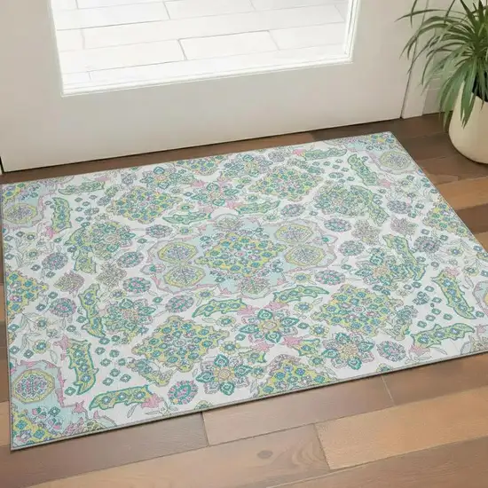 White Green And Pink Floral Medallion Washable Area Rug With UV Protection Photo 2