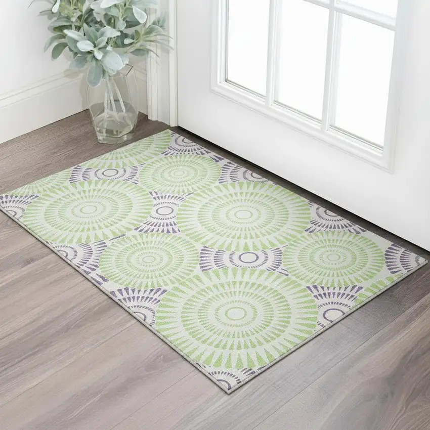 White Green And Purple Geometric Washable Area Rug With UV Protection Photo 2