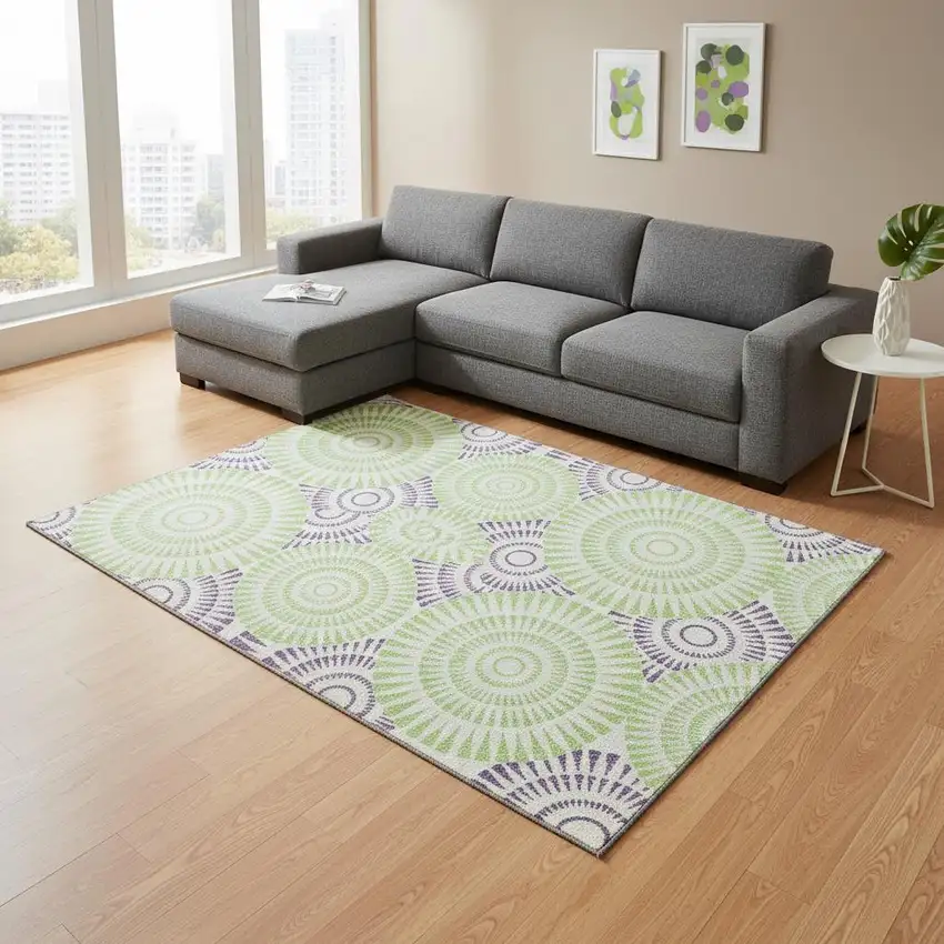 White Green And Purple Geometric Washable Area Rug With UV Protection Photo 2