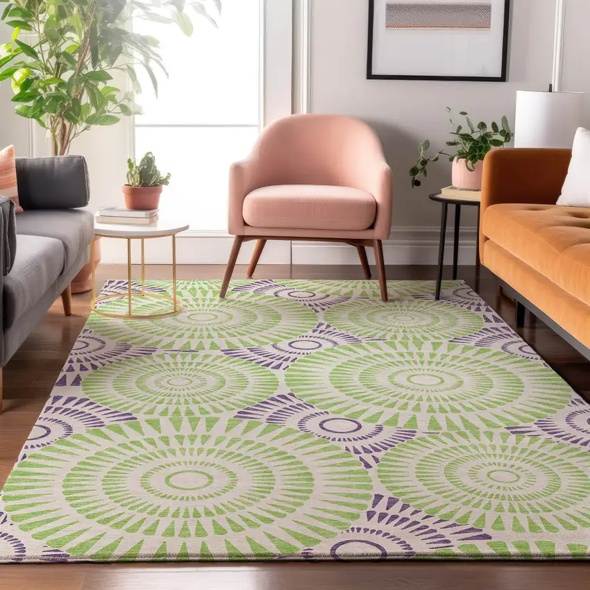 White Green And Purple Geometric Washable Area Rug With UV Protection Photo 5