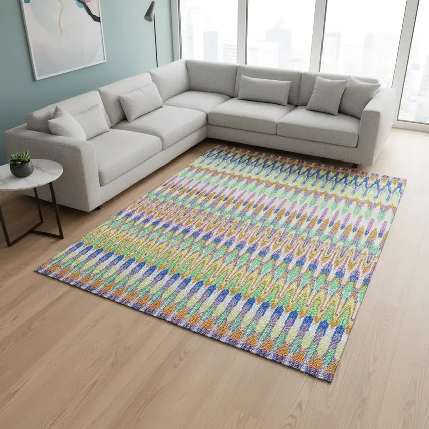 White Green And Purple Southwestern Washable Area Rug With UV Protection Photo 2