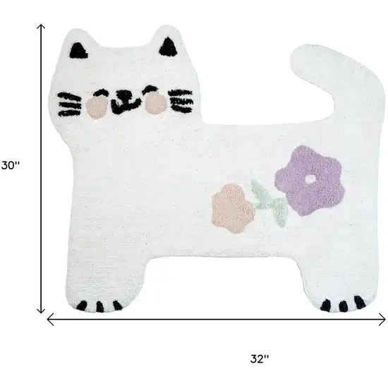 White Kitty Cat And Flowers Youthful Washable Area Rug Photo 6