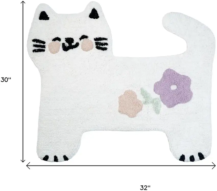White Kitty Cat And Flowers Youthful Washable Area Rug Photo 6