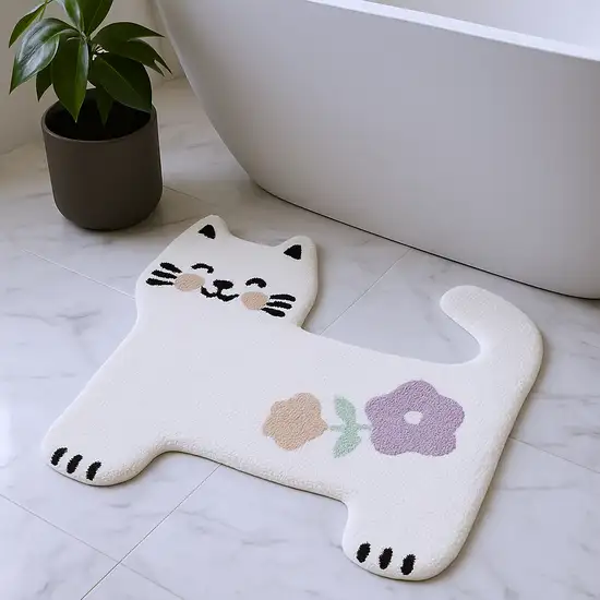 White Kitty Cat And Flowers Youthful Washable Area Rug Photo 1