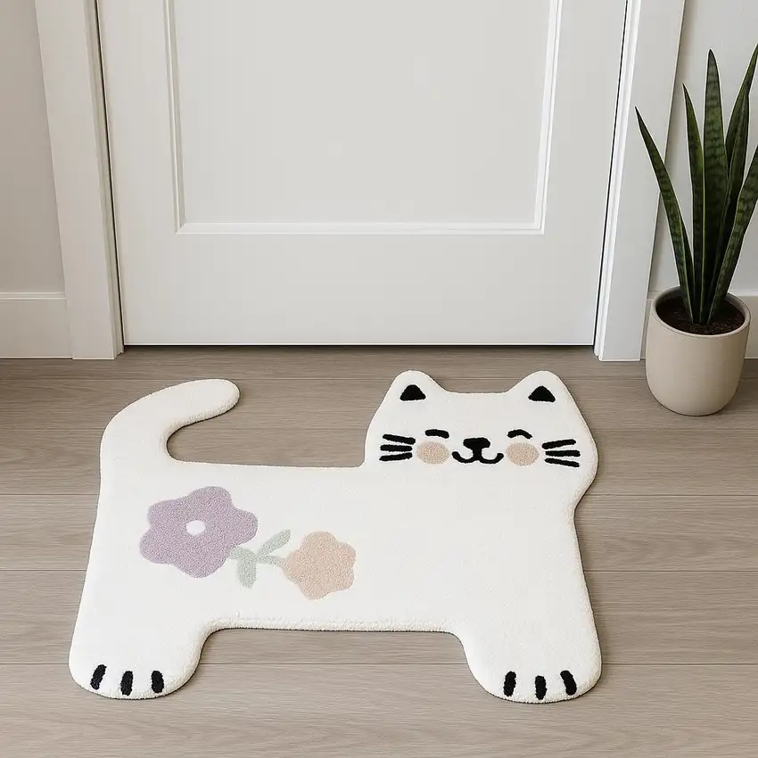 White Kitty Cat And Flowers Youthful Washable Area Rug Photo 2