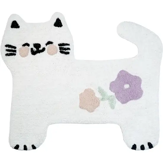 White Kitty Cat And Flowers Youthful Washable Area Rug Photo 3