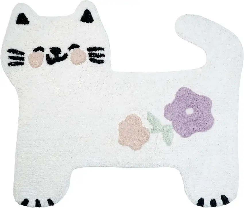 White Kitty Cat And Flowers Youthful Washable Area Rug Photo 3