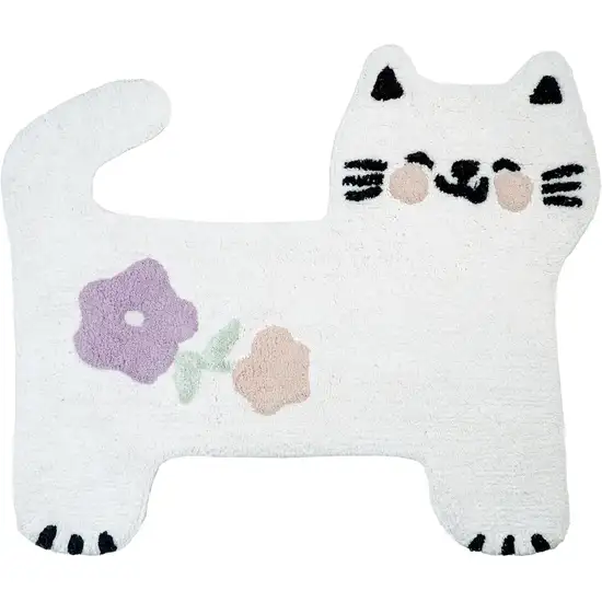 White Kitty Cat And Flowers Youthful Washable Area Rug Photo 4