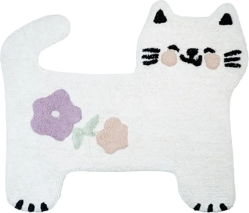 White Kitty Cat And Flowers Youthful Washable Area Rug Photo 4