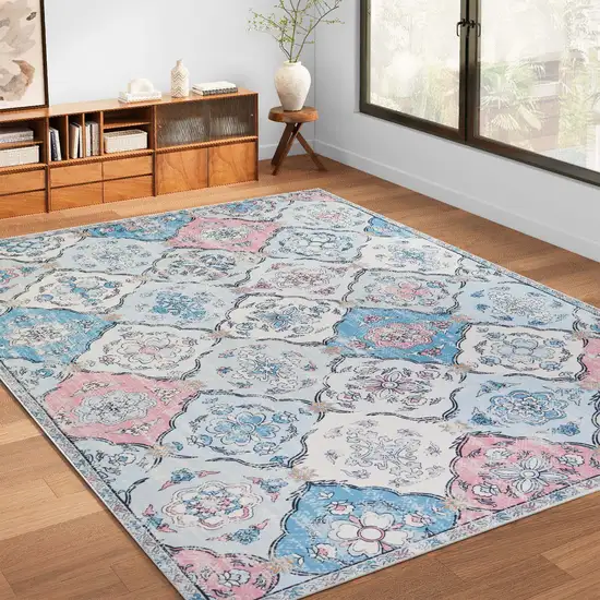 White Light Blue And Pink Quatrefoil Distressed Area Rug Photo 7