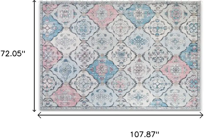 White Light Blue And Pink Quatrefoil Distressed Area Rug Photo 3