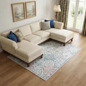 Photo of White Light Blue And Pink Quatrefoil Distressed Area Rug