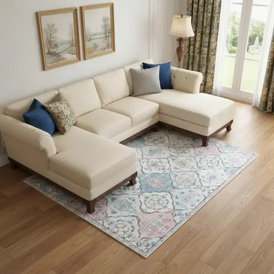 White Light Blue And Pink Quatrefoil Distressed Area Rug Photo 1