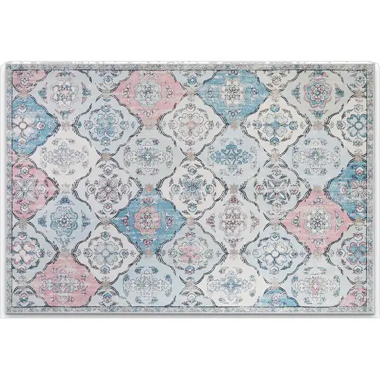 White Light Blue And Pink Quatrefoil Distressed Area Rug Photo 2