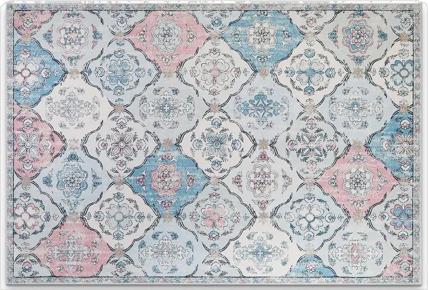 White Light Blue And Pink Quatrefoil Distressed Area Rug Photo 2