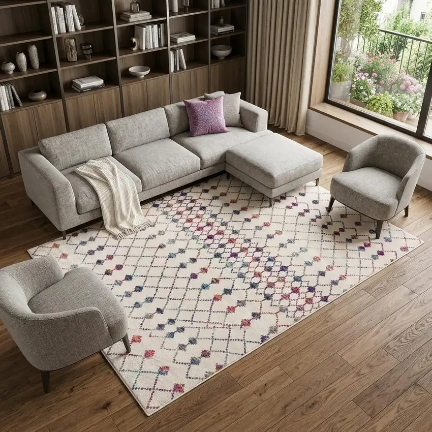 White Modern Geometric Grid Area Rug Photo 1