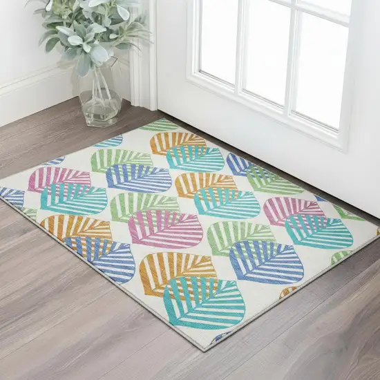 White Orange And Blue Floral Washable Area Rug With UV Protection Photo 2