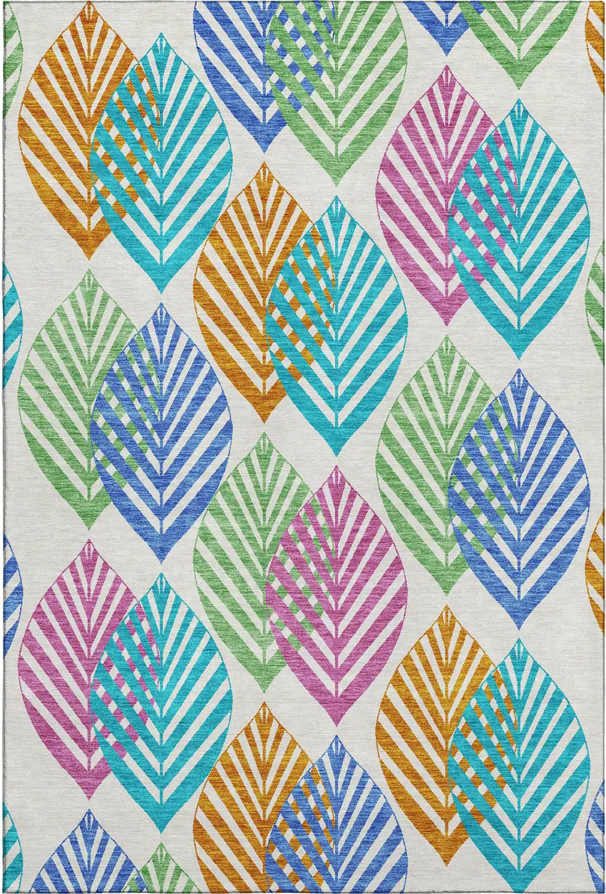 White Orange And Blue Floral Washable Area Rug With UV Protection Photo 1