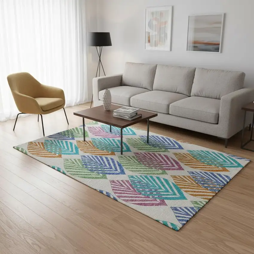 White Orange And Blue Floral Washable Area Rug With UV Protection Photo 2