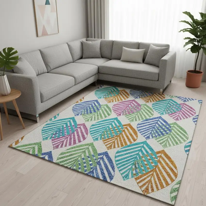 White Orange And Blue Floral Washable Area Rug With UV Protection Photo 2