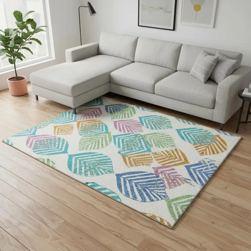 White Orange And Blue Floral Washable Area Rug With UV Protection Photo 2