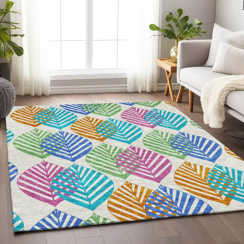 White Orange And Blue Floral Washable Area Rug With UV Protection Photo 5