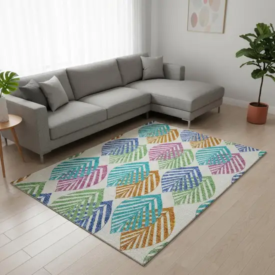 White Orange And Blue Floral Washable Area Rug With UV Protection Photo 2