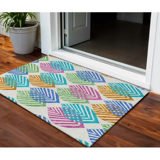 White Orange And Blue Floral Washable Indoor Outdoor Area Rug Photo 1