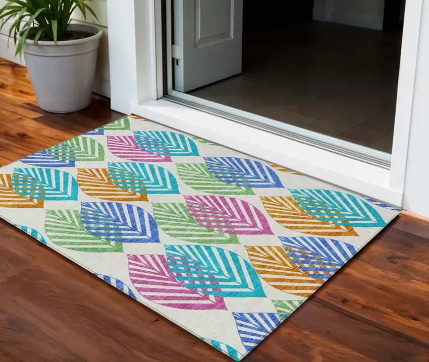 White Orange And Blue Floral Washable Indoor Outdoor Area Rug Photo 1