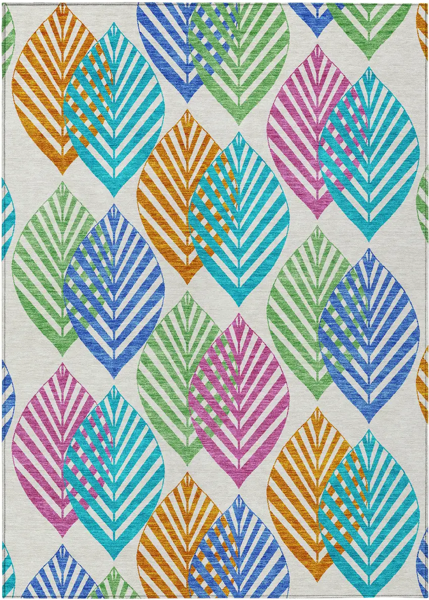 White Orange And Blue Floral Washable Indoor Outdoor Area Rug Photo 2