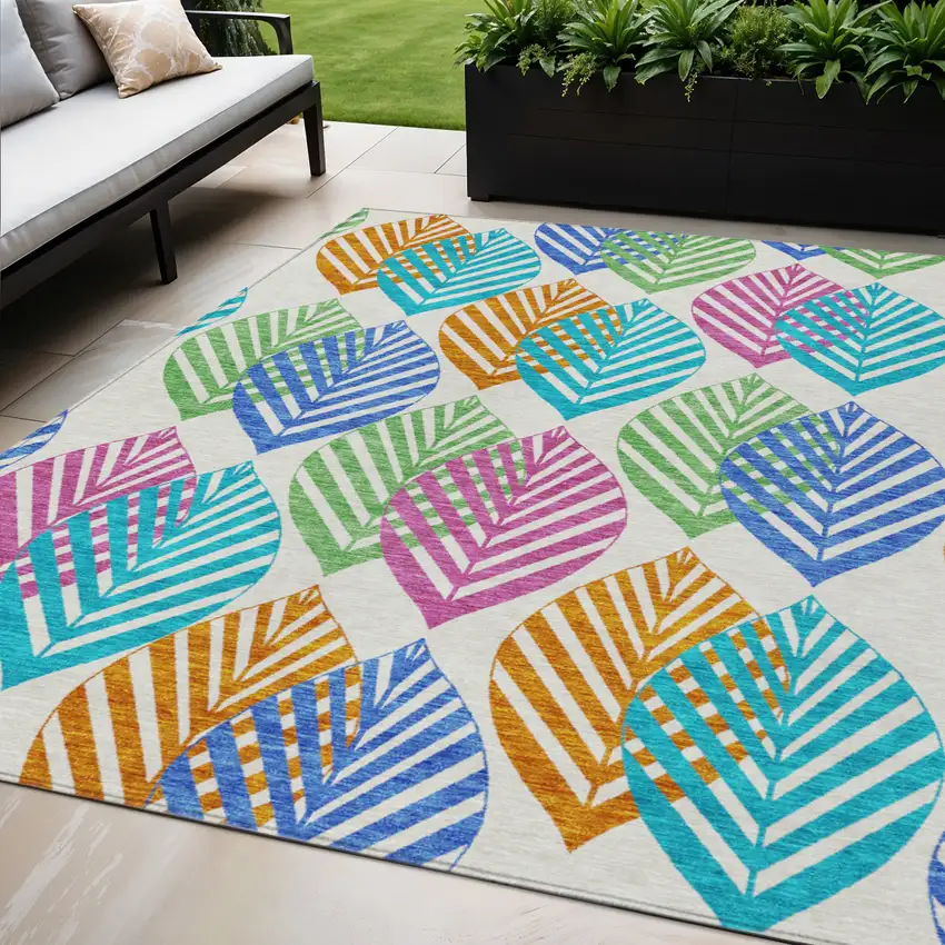 White Orange And Blue Floral Washable Indoor Outdoor Area Rug Photo 1