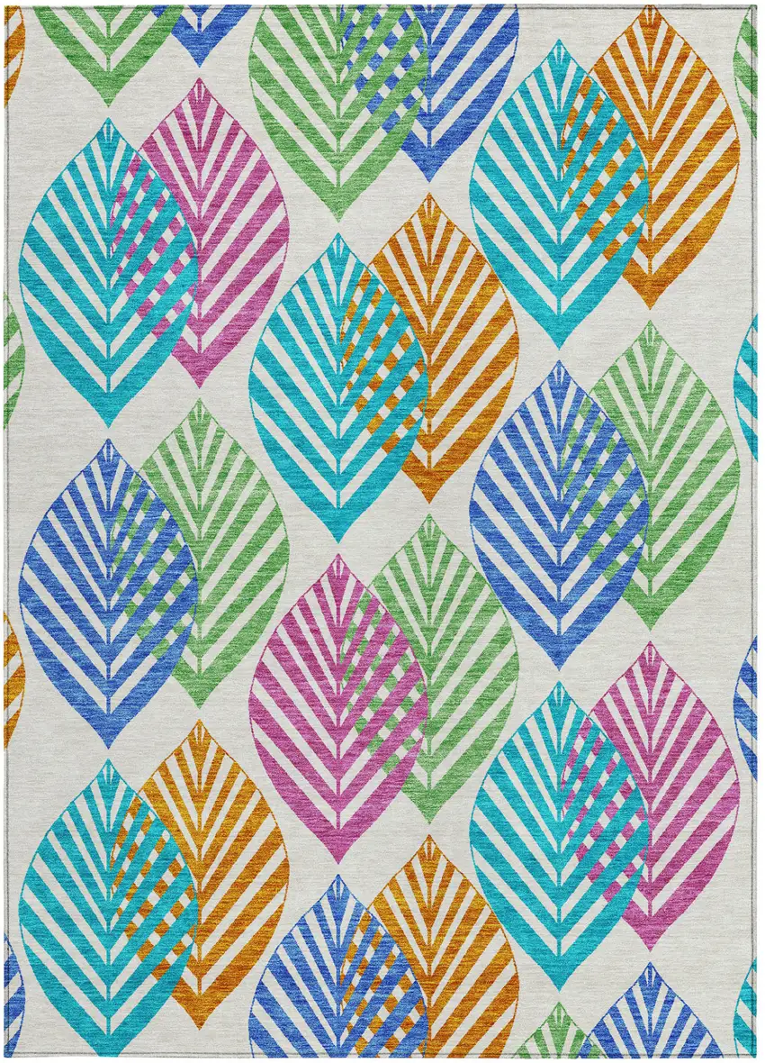 White Orange And Blue Floral Washable Indoor Outdoor Area Rug Photo 5