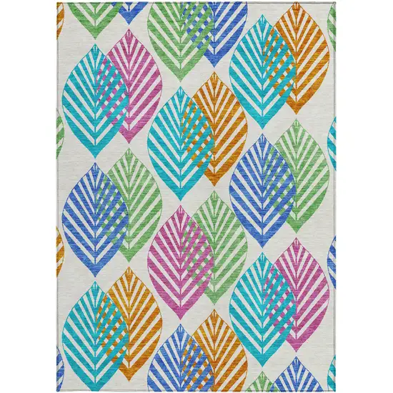 White Orange And Blue Floral Washable Indoor Outdoor Area Rug Photo 5