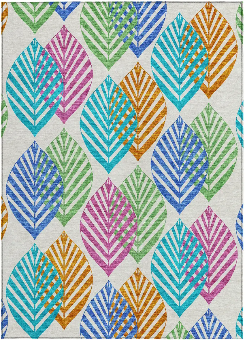 White Orange And Blue Floral Washable Indoor Outdoor Area Rug Photo 5