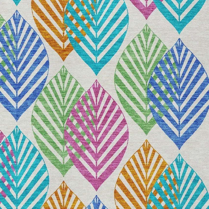 White Orange And Blue Floral Washable Indoor Outdoor Area Rug Photo 3