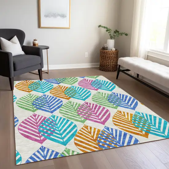 White Orange And Blue Floral Washable Indoor Outdoor Area Rug Photo 8