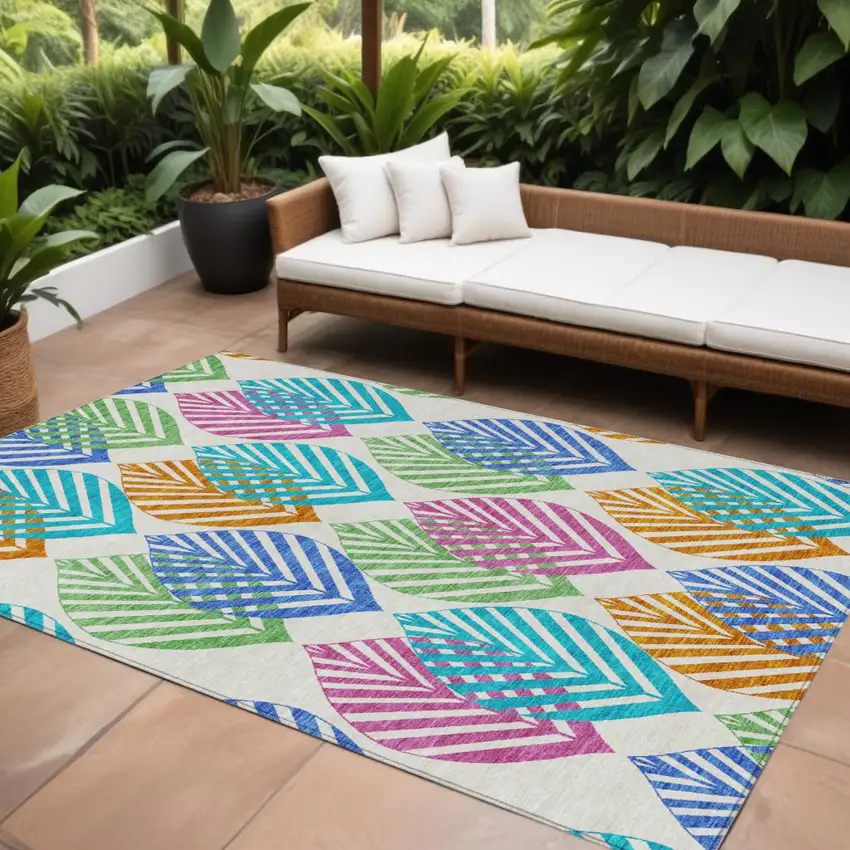 White Orange And Blue Floral Washable Indoor Outdoor Area Rug Photo 1