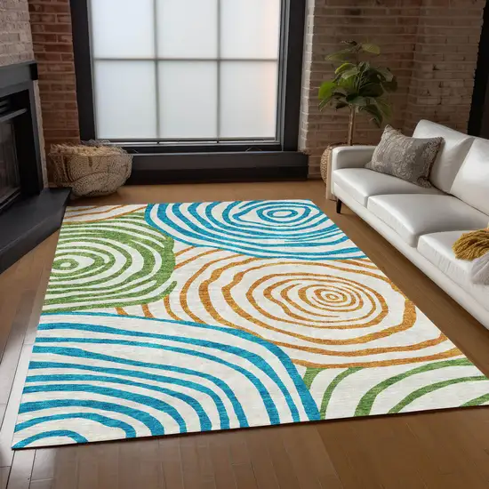 White Orange And Teal Blue Abstract Washable Indoor Outdoor Area Rug Photo 9
