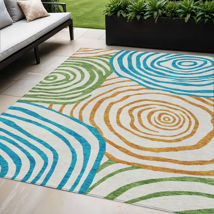 White Orange And Teal Blue Abstract Washable Indoor Outdoor Area Rug Photo 1