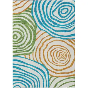 Photo of White Orange And Teal Blue Abstract Washable Indoor Outdoor Area Rug