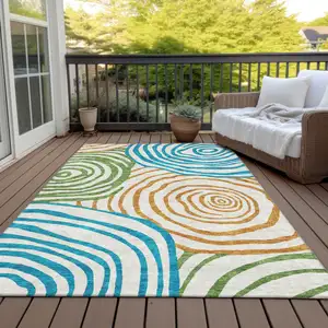 Photo of White Orange And Teal Blue Abstract Washable Indoor Outdoor Area Rug