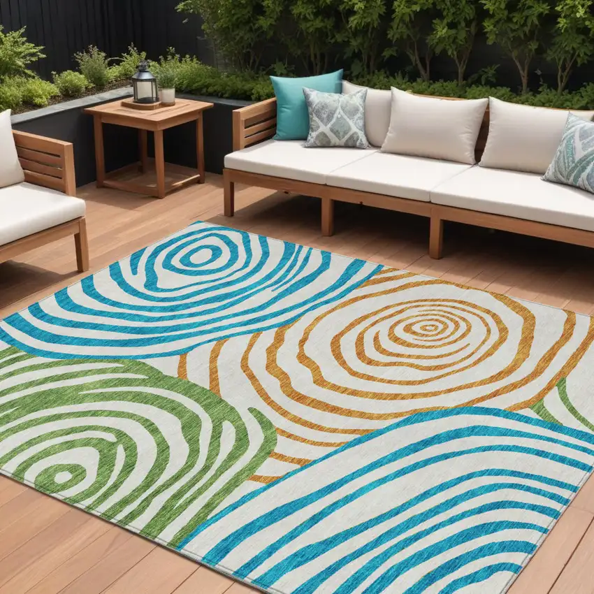 White Orange And Teal Blue Abstract Washable Indoor Outdoor Area Rug Photo 1